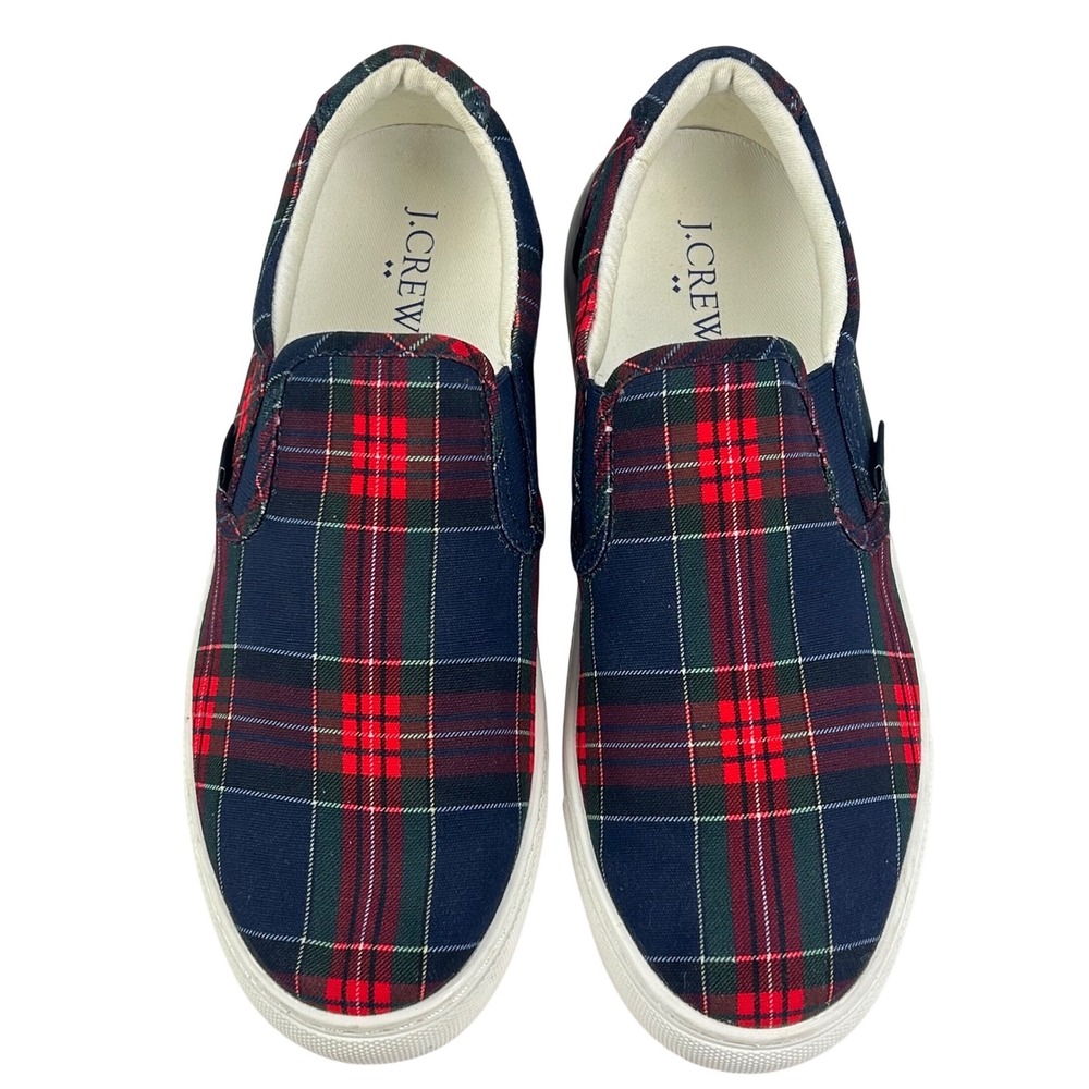 J.Crew Womens Tartan Plaid Slip On Sneakers Navy Red Textile Low Top BL576 8